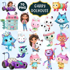 May include: A collection of colorful Gabby's Dollhouse themed digital illustrations. The images include various cartoon cats, a dollhouse, a car, and characters from the show. The text "Gabby's Dollhouse" is displayed on a dark green banner.