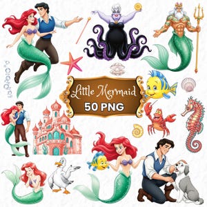 Ariel Aquarell Clipart, Prinzessin Ariel, Prinzessin Cliparts, Sebastian, Flunder, Triton, Schloss, Seepferdchen, Kinderzimmer Kunst