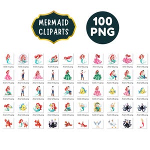 Pode incluir: Uma cole&ccedil;&atilde;o de 100 cliparts de sereias em formato PNG. As imagens apresentam v&aacute;rias ilustra&ccedil;&otilde;es de sereias, personagens e elementos relacionados. O t&iacute;tulo "MERMAID CLIPARTS" &eacute; exibido em uma faixa verde escura com borda dourada.