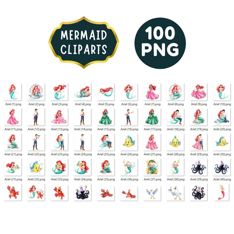 Pode incluir: Uma cole&ccedil;&atilde;o de 100 cliparts de sereias em formato PNG. As imagens apresentam v&aacute;rias ilustra&ccedil;&otilde;es de sereias, personagens e elementos relacionados. O t&iacute;tulo "MERMAID CLIPARTS" &eacute; exibido em uma faixa verde escura com borda dourada.
