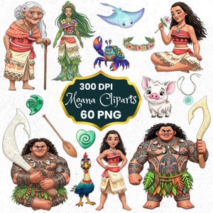 Moana Clipart Bundle, Moana, Polynesian Princess, Maui, HeiHei, Pua, Cute Hawaiian Clipart, Moana Birthday, Princess Clipart, Nursery Art