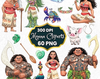 Pacchetto Clipart di Moana, Moana, Principessa Polinesiana, Maui, HeiHei, Pua, Clipart Hawaiana Carina, Compleanno di Moana, Clipart Principessa, Arte per Bambini