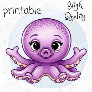K&ouml;nnte beinhalten: Cartoon-Illustration eines lila Oktopus mit gro&szlig;en schwarzen Augen und Wimpern. Der Oktopus hat acht Tentakel und l&auml;chelt. Die W&ouml;rter "printable" und "High Quality" sind in schwarzer Schrift &uuml;ber dem Oktopus geschrieben.