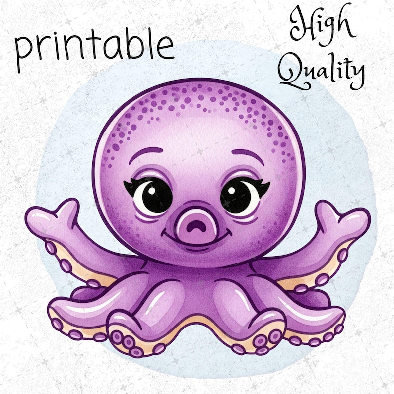 K&ouml;nnte beinhalten: Cartoon-Illustration eines lila Oktopus mit gro&szlig;en schwarzen Augen und Wimpern. Der Oktopus hat acht Tentakel und l&auml;chelt. Die W&ouml;rter "printable" und "High Quality" sind in schwarzer Schrift &uuml;ber dem Oktopus geschrieben.