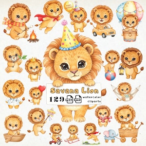 Puede incluir: Conjunto de imágenes prediseñadas de acuarela con varios cachorros de león de dibujos animados en diferentes poses y con accesorios. La imagen incluye un león grande que sostiene un letrero que dice "Savana Lion" y "129 imágenes prediseñadas de acuarela".