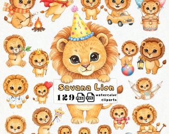 Clipart de acuarela para guardería de leones, adorable leoncito, decoración de animales de safari, clipart de león, clipart de animales de safari de bebé león, clipart de baby shower