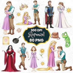 Pacchetto Clipart della Principessa Raperonzolo, Principessa Raperonzolo, Principessa Acquerello, Bionda, Disegnata a Mano, Fiaba, Pascal, Maximus, Flynn Rider PNG