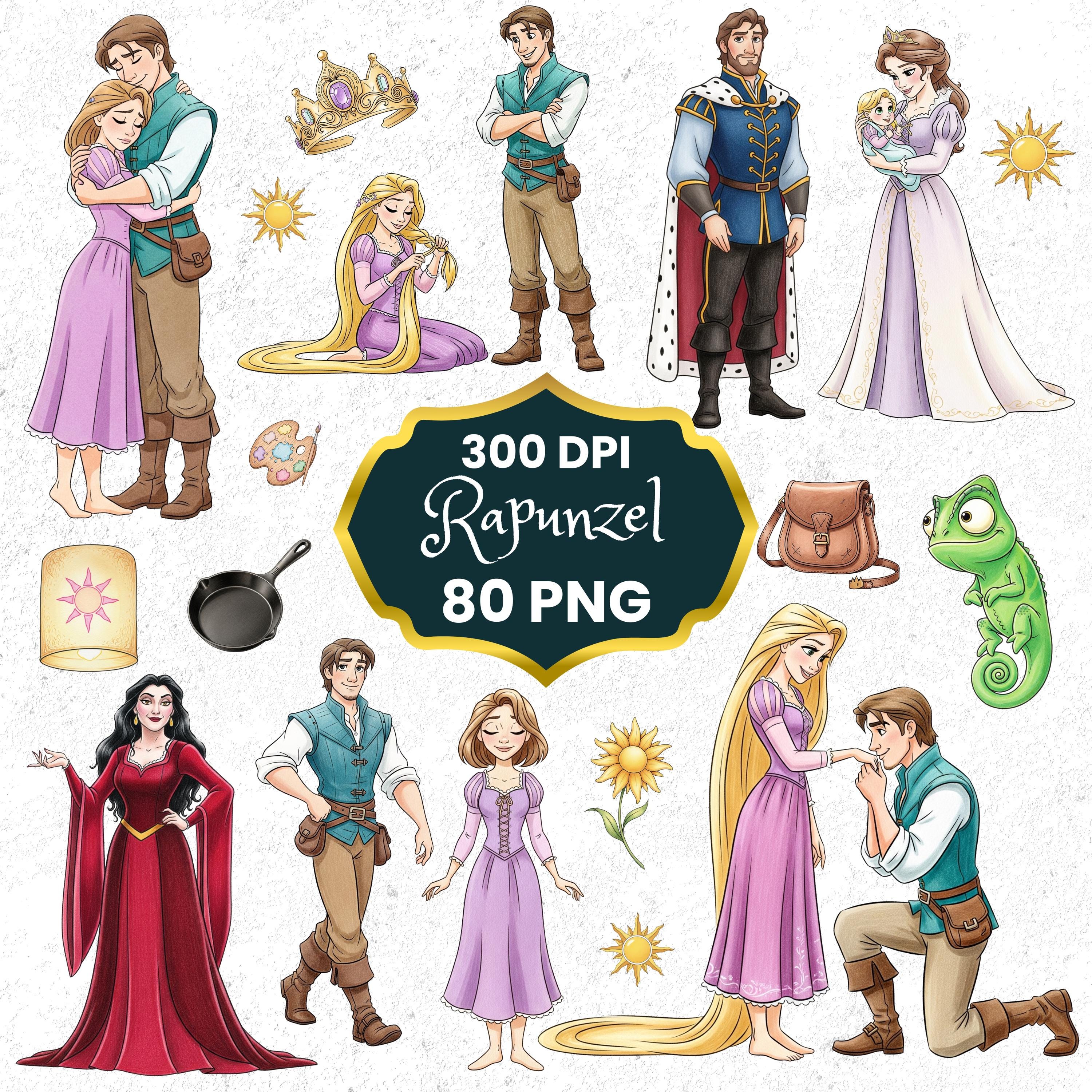 Princess Rapunzel Clipart Bundle, Princess Rapunzel, Watercolor Princess, Blondie, Hand Drawn, Fairytale, Pascal, Maximus, Flynn Rider PNG