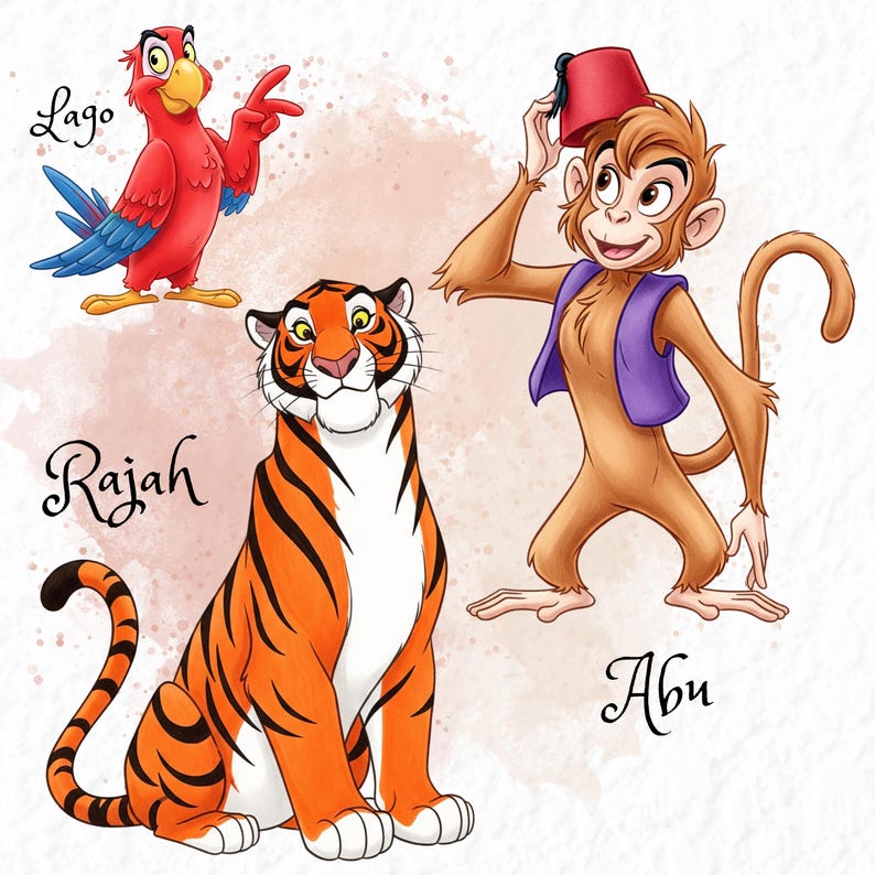 Pu&ograve; includere: Illustrazione dei personaggi del film Aladdin: Iago il pappagallo, Rajah la tigre e Abu la scimmia. Iago &egrave; rosso con ali blu, Rajah &egrave; arancione con strisce nere e Abu &egrave; marrone. I nomi sono scritti in corsivo.
