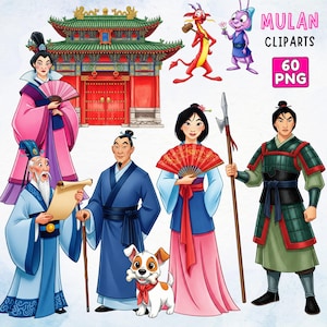 May include: A collection of Mulan cliparts featuring characters and elements from the animated film. The image includes Mulan, Mushu the dragon, and other characters in traditional Chinese attire. A red and green building is also featured, along with the text "Mulan Cliparts 60 PNG".