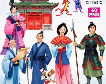 Mulan Aquarela Cliparts 60 PNG, Princesa de conto de fadas, Aniversário de Mulan, Mushu, Li Shang, Cri-Kee, Khan, Cute Princess Clipart, Mulan Cliparts