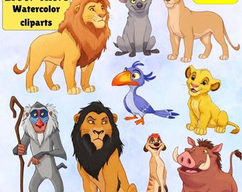 König der Löwen, Mufasa 10 Zeichen PNG Clipart, Aquarell Safari Clipart, niedlichen Cartoon, Musafa, Pumba, Temon, Simba, Rafiki, Safari Tiere