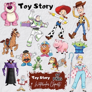 Puede incluir: Una colección de coloridos dibujos de personajes de Toy Story. Incluye a Buzz Lightyear, Woody, Jessie, Sr. Potato, Hamm, Rex, Slinky Dog y otros. La imagen tiene el texto "Toy Story" y "Watercolor Cliparts".
