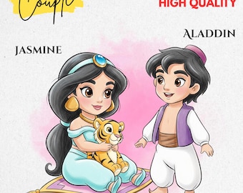 Clipart de casal de princesas Jasmine, Jasmine Aladdin, desenhado à mão, desenho de casal fofo, princesinha, bebê Jasmine fofa, chá de bebê