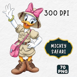 May include: Daisy Duck in safari attire, waving with a smile. She wears a tan safari outfit, a pink purse, and a matching bow. The image includes the text "300 DPI" and a "Mickey Safari" logo.