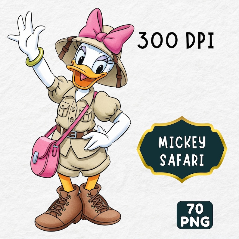 May include: Daisy Duck in safari attire, waving with a smile. She wears a tan safari outfit, a pink purse, and a matching bow. The image includes the text "300 DPI" and a "Mickey Safari" logo.