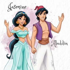 Pu&ograve; includere: Illustrazione di Jasmine e Aladdin dal film Aladdin della Disney. Jasmine indossa un abito turchese con gioielli d'oro, e Aladdin indossa un gilet viola e pantaloni bianchi. I nomi "Jasmine" e "Aladdin" sono scritti sopra i personaggi.