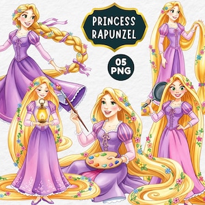 May include: Digital illustrations of Princess Rapunzel in various poses. The princess has long blonde hair adorned with flowers and wears a purple dress. The image includes the text "PRINCESS RAPUNZEL" and "05 PNG".