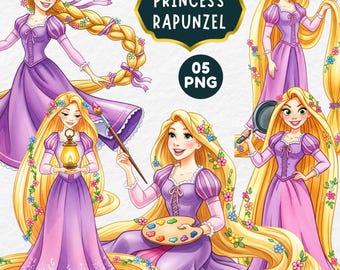 May include: Digital illustrations of Princess Rapunzel in various poses. The princess has long blonde hair adorned with flowers and wears a purple dress. The image includes the text "PRINCESS RAPUNZEL" and "05 PNG".