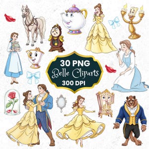 Belle en het beest clipart, aquarel Belle clipart, 30 PNG, Princess Party decor, Belle Beast PNG, kinderkamer kunst, handgetekende, schattig, kinderen