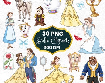 Beauty and the Beast Clipart, Watercolor Belle Clipart, 30 PNG, Princess Party Decor, Belle Beast PNG, Nursery Art, Hand drawn, Cute, Kids