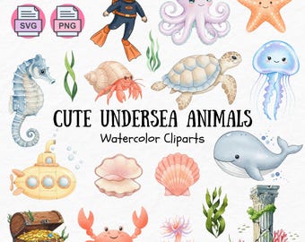 Cute Undersea Animals Clipart, Watercolor Ocean Animal, Cliparts for Nursery, Baby Shower & Crafts, Cute Sea Creatures, Pastel Ocean Animal