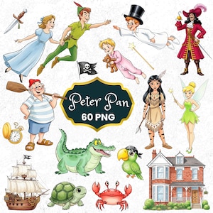Peter Pan Watercolor Clipart, Peter Pan Bundle, Peter Pan Birthday Clipart, Cute Cartoon, Wendy, Tinkerbell, Fairy PNG, Hand Drawn Clipart