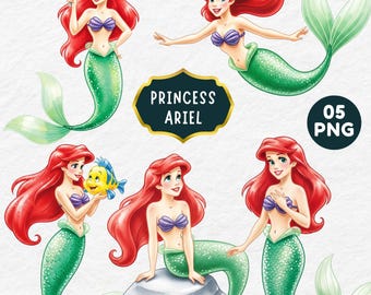 May include: A collection of illustrations featuring Princess Ariel from The Little Mermaid. The images showcase Ariel with her signature red hair, a purple seashell bra, and a green mermaid tail. Some images include the character Flounder. The text "PRINCESS ARIEL" is also present.