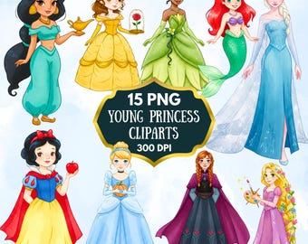 Clipart jeune princesse, dessinés à la main, princesse PNG, clipart princesse, clipart aquarelle princesse, baby shower, cadeau pour elle, cadeau d'anniversaire