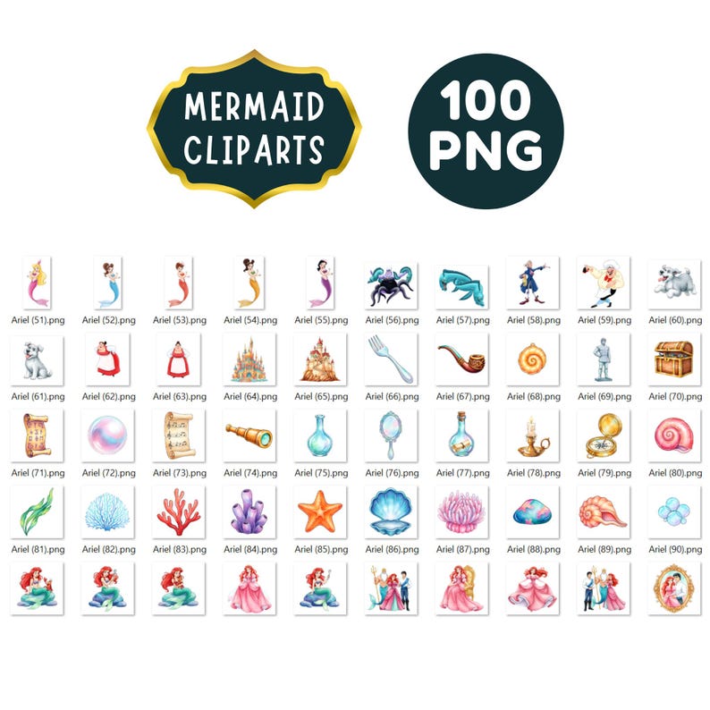 Pode incluir: Uma cole&ccedil;&atilde;o de 100 cliparts de sereias em formato PNG. A imagem apresenta v&aacute;rias ilustra&ccedil;&otilde;es de sereias, criaturas marinhas e objetos relacionados, incluindo castelos, conchas e ba&uacute;s de tesouro. O t&iacute;tulo "MERMAID CLIPARTS" &eacute; exibido em uma faixa verde escura com borda dourada.