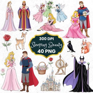 May include: Digital illustrations of characters and elements from the Sleeping Beauty fairy tale. Includes the princess, prince, fairies, a king, a deer, a raven, a squirrel, a castle, and the text "Sleeping Beauty 40 PNG".