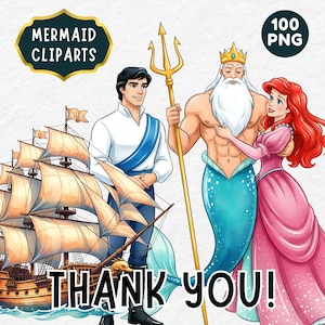 Pode incluir: Conjunto de cliparts digitais com um pr&iacute;ncipe, uma sereia e um rei com um tridente. Um veleiro tamb&eacute;m est&aacute; inclu&iacute;do. O texto "MERMAID CLIPARTS", "100 PNG" e "THANK YOU!" s&atilde;o exibidos.