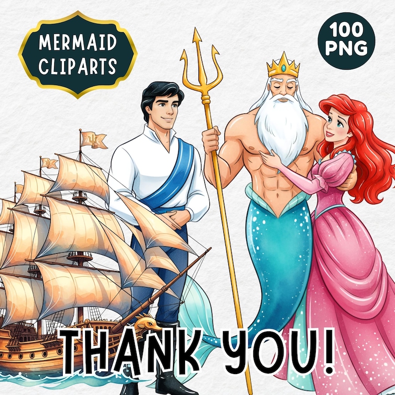 Pode incluir: Conjunto de cliparts digitais com um pr&iacute;ncipe, uma sereia e um rei com um tridente. Um veleiro tamb&eacute;m est&aacute; inclu&iacute;do. O texto "MERMAID CLIPARTS", "100 PNG" e "THANK YOU!" s&atilde;o exibidos.