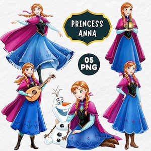 Puede incluir: Ilustraciones digitales de la Princesa Anna de Frozen en varias poses. Anna está representada con trenzas rojas, vistiendo un vestido azul, una capa rosa y botas negras. Una imagen incluye a Olaf el muñeco de nieve, y otra muestra el texto "PRINCESS ANNA" y "05 PNG".