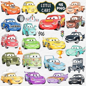Puede incluir: Una colección de 20 ilustraciones de coches de dibujos animados en varios colores y estilos. La imagen incluye coches de carreras, camiones y diseños de coches clásicos. La frase "Little Cars" se muestra encima de los coches, y "45 PNG" a la derecha.