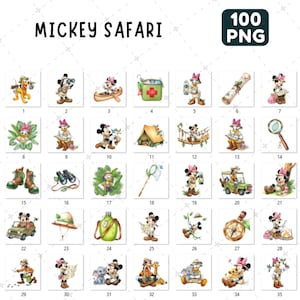 May include: A collection of 35 PNG images featuring Mickey and Minnie Mouse, Donald Duck, and Pluto in safari-themed illustrations. Each image is a unique design, showcasing the characters in various safari adventures. The text "MICKEY SAFARI" is at the top.