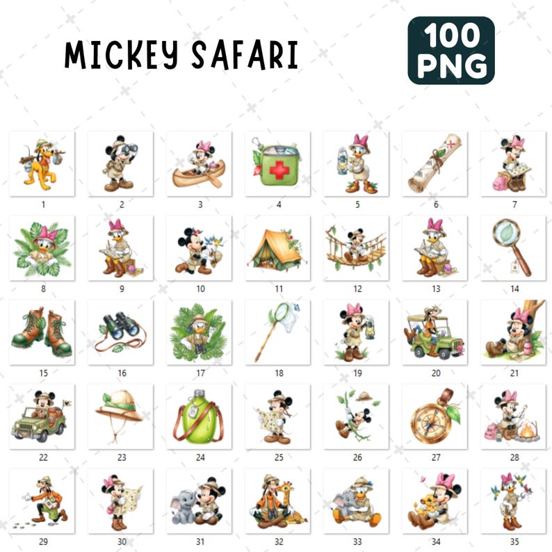 May include: A collection of 35 PNG images featuring Mickey and Minnie Mouse, Donald Duck, and Pluto in safari-themed illustrations. Each image is a unique design, showcasing the characters in various safari adventures. The text "MICKEY SAFARI" is at the top.