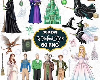 Wicked akvarell Clipart-paket, Elphaba Glinda PNG, Emerald City, handritad, barnrumskonst, akvarell clipart, Wicked Cricut Clipart