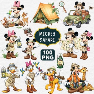 Mickey Safari Clipart 100 PNG, Mickey Mouse Safari, Mickey Birthday, Adventure Clipart with Mickey and Friends, Animal Safari Cake Topper