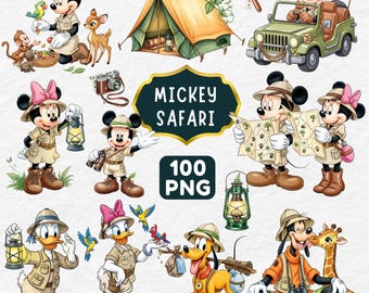 Mickey Safari-clipart 100 PNG, Mickey Mouse Safari, Mickey-verjaardag, avontuur-clipart met Mickey en vrienden, Animal Safari-taarttopper
