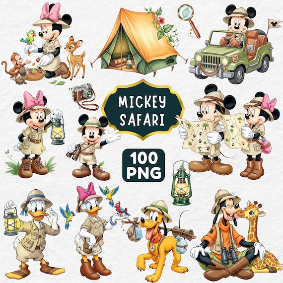Mickey Safari Clipart 100 PNG, Mickey Mouse Safari, Mickey Birthday, Adventure Clipart with Mickey and Friends, Animal Safari Cake Topper