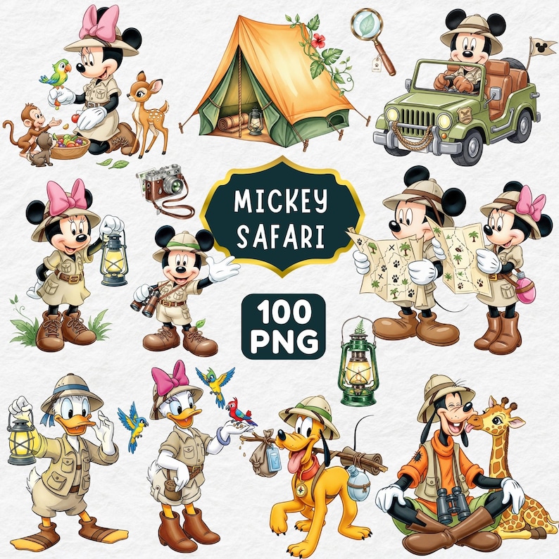 May include: A collection of Mickey Mouse and friends in safari-themed illustrations. Characters include Mickey, Minnie, Donald, Daisy, Goofy, and Pluto, with safari attire, a tent, jeep, and map. The image includes the text "Mickey Safari" and "100 PNG".
