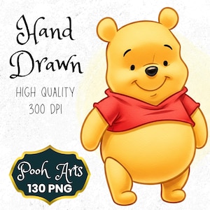 May include: A digital illustration of a smiling yellow bear wearing a red shirt. The image includes the text "Hand Drawn", "HIGH QUALITY", "300 DPI", and a logo that says "Pooh Arts" and "130 PNG".