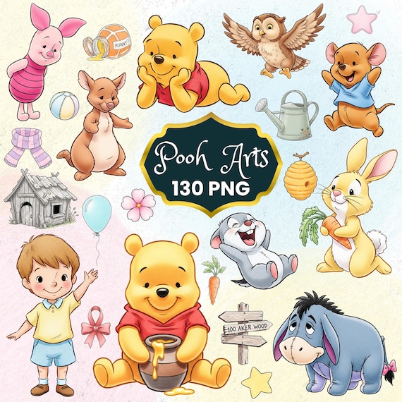 Winnie the Pooh Watercolor Clipart, Pooh Baby shower, Winnie the Pooh and Friends PNG, Pooh Birthday, Piglet, Roo, Rabbit, Owl, Robin PNG