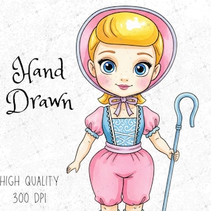 K&ouml;nnte beinhalten: Handgezeichnete Illustration einer Cartoonfigur in einem rosa und blauen Outfit, die einen blauen Hirtenstab h&auml;lt. Die Figur hat blondes Haar, blaue Augen und eine rosa Haube. Der Text auf dem Bild lautet "Hand Drawn" und "HIGH QUALITY 300 DPI."