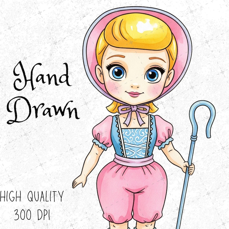K&ouml;nnte beinhalten: Handgezeichnete Illustration einer Cartoonfigur in einem rosa und blauen Outfit, die einen blauen Hirtenstab h&auml;lt. Die Figur hat blondes Haar, blaue Augen und eine rosa Haube. Der Text auf dem Bild lautet "Hand Drawn" und "HIGH QUALITY 300 DPI."
