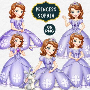 May include: Digital illustration of Princess Sophia in a purple gown with a tiara and necklace. The image includes the text "PRINCESS SOPHIA" and "05 PNG". The princess is depicted in multiple poses, some with a rabbit.