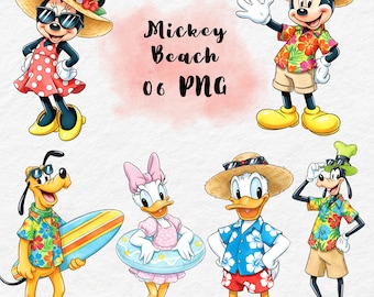 Mickey Mouse Minnie Mouse Donald Daisy Beach Vacation Clipart, Mickey and Friends Summer, Mickey Mouse PNG, Mickey Surfing PNG, Family Trip