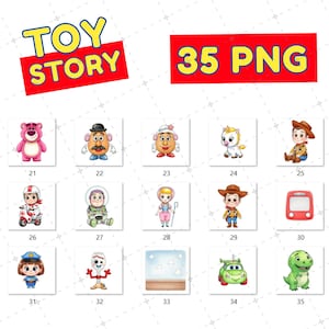 K&ouml;nnte beinhalten: Eine Sammlung von 35 PNG-Bildern mit Charakteren aus dem Film "Toy Story". Die Bilder zeigen Charaktere wie Woody, Buzz Lightyear und Mr. Potato Head, mit dem "Toy Story"-Logo in Rot und Gelb. Der Text "35 PNG" ist ebenfalls sichtbar.