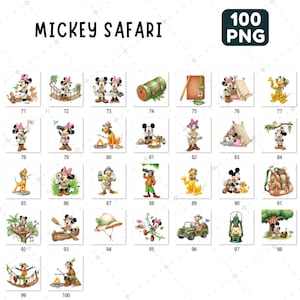 May include: A collection of Mickey Mouse and friends safari-themed PNG images. The images include Mickey and Minnie Mouse, Pluto, and Donald Duck in safari outfits, camping gear, and safari vehicles. The text "MICKEY SAFARI" is at the top.